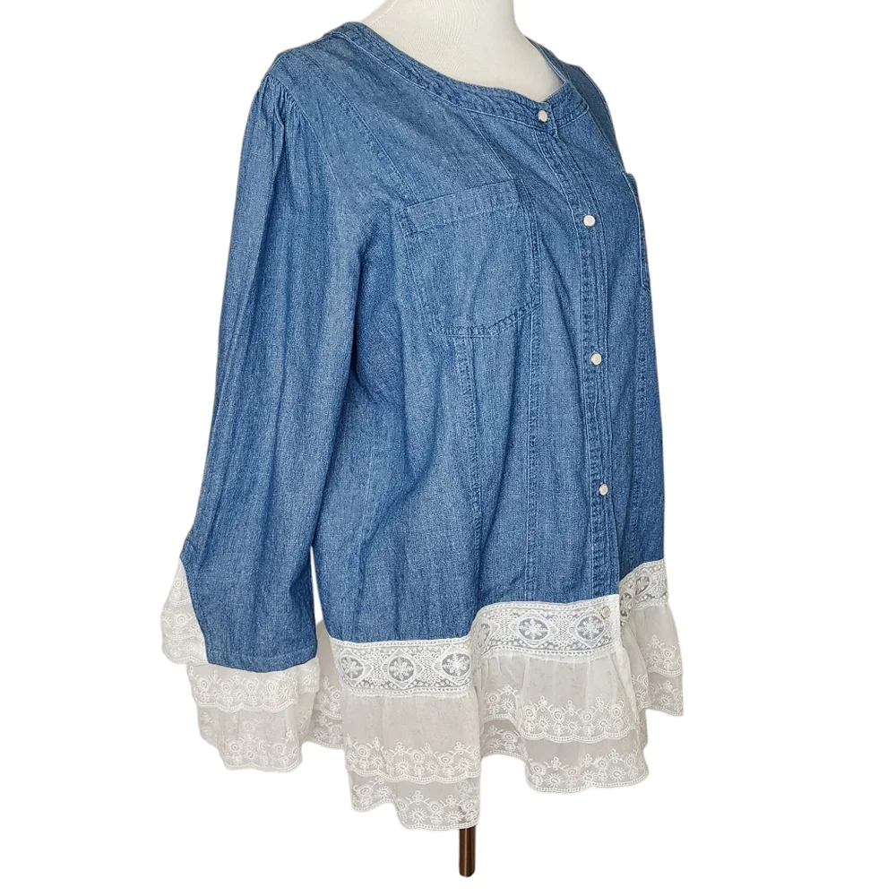 Unbranded denim jacket top blouse with lace trim front buttons 2 pockets sz lrg - Picture 5 of 14